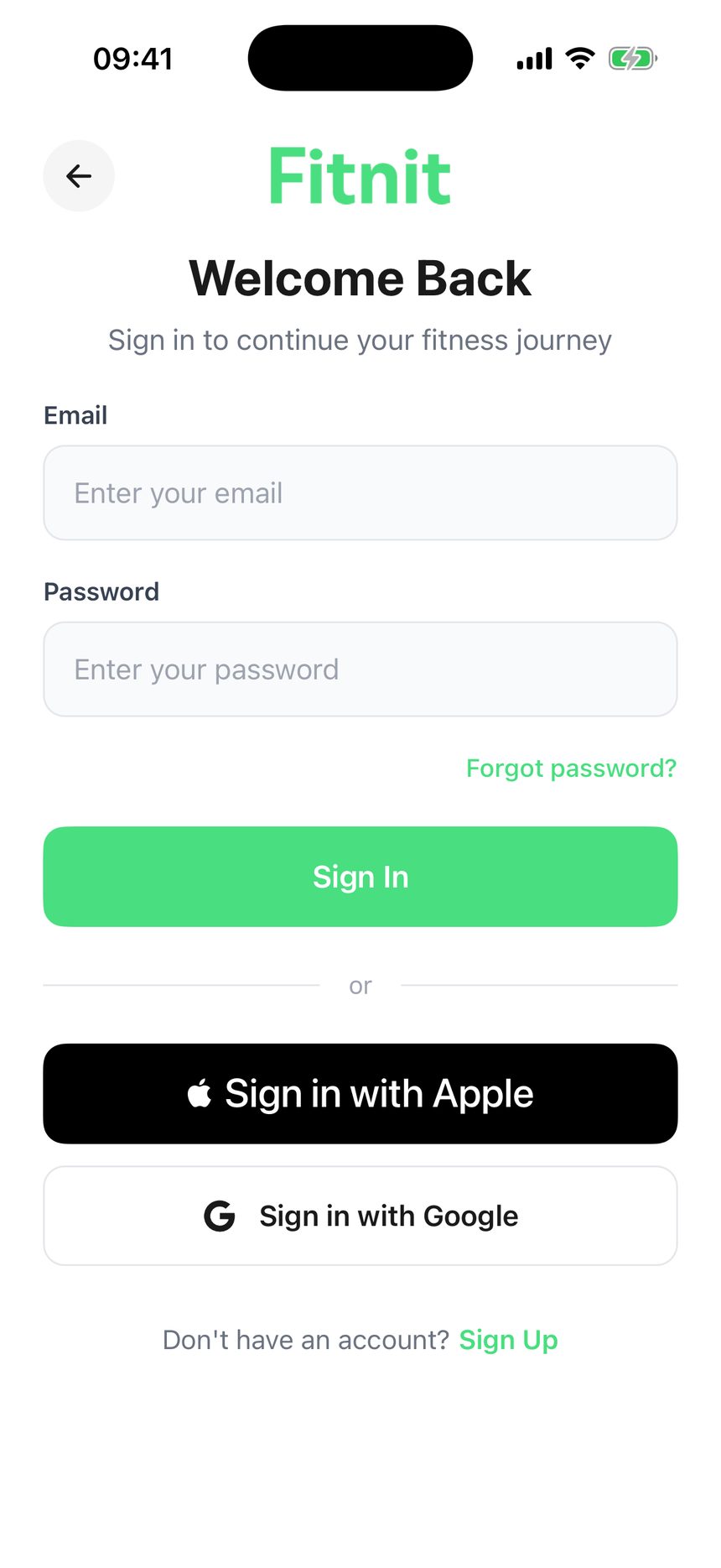 Sign In as shipped: wordmark, Welcome Back, email and password, Sign In, Apple and Google