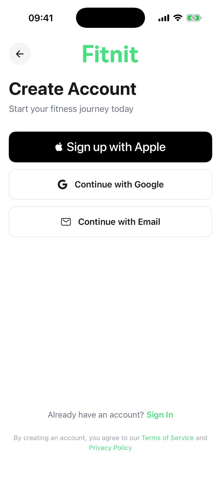 Create Account as shipped: wordmark, title, three buttons, lots of white