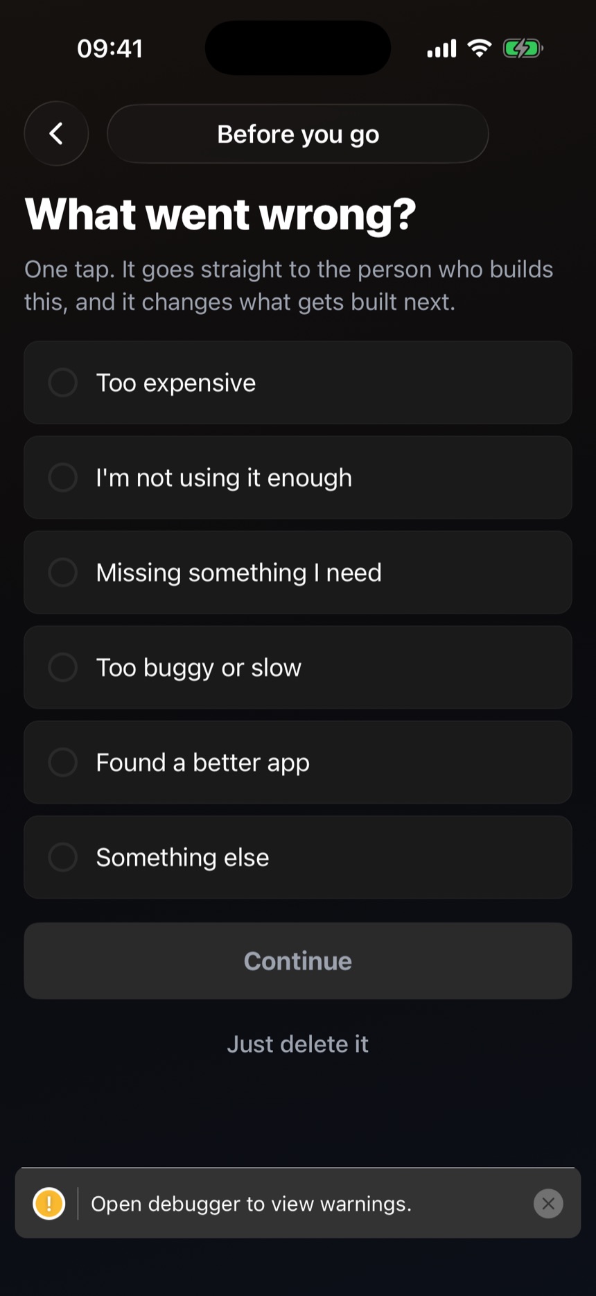 The Before you go screen, asking what went wrong with six reasons to choose from