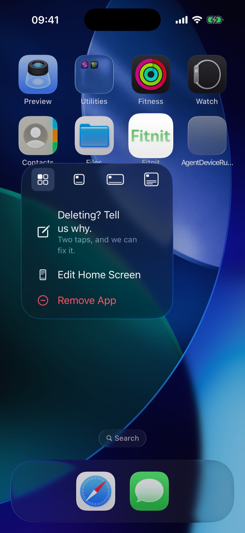 Fitnit's Home Screen long-press menu showing a Deleting? Tell us why. shortcut above Edit Home Screen and Remove App