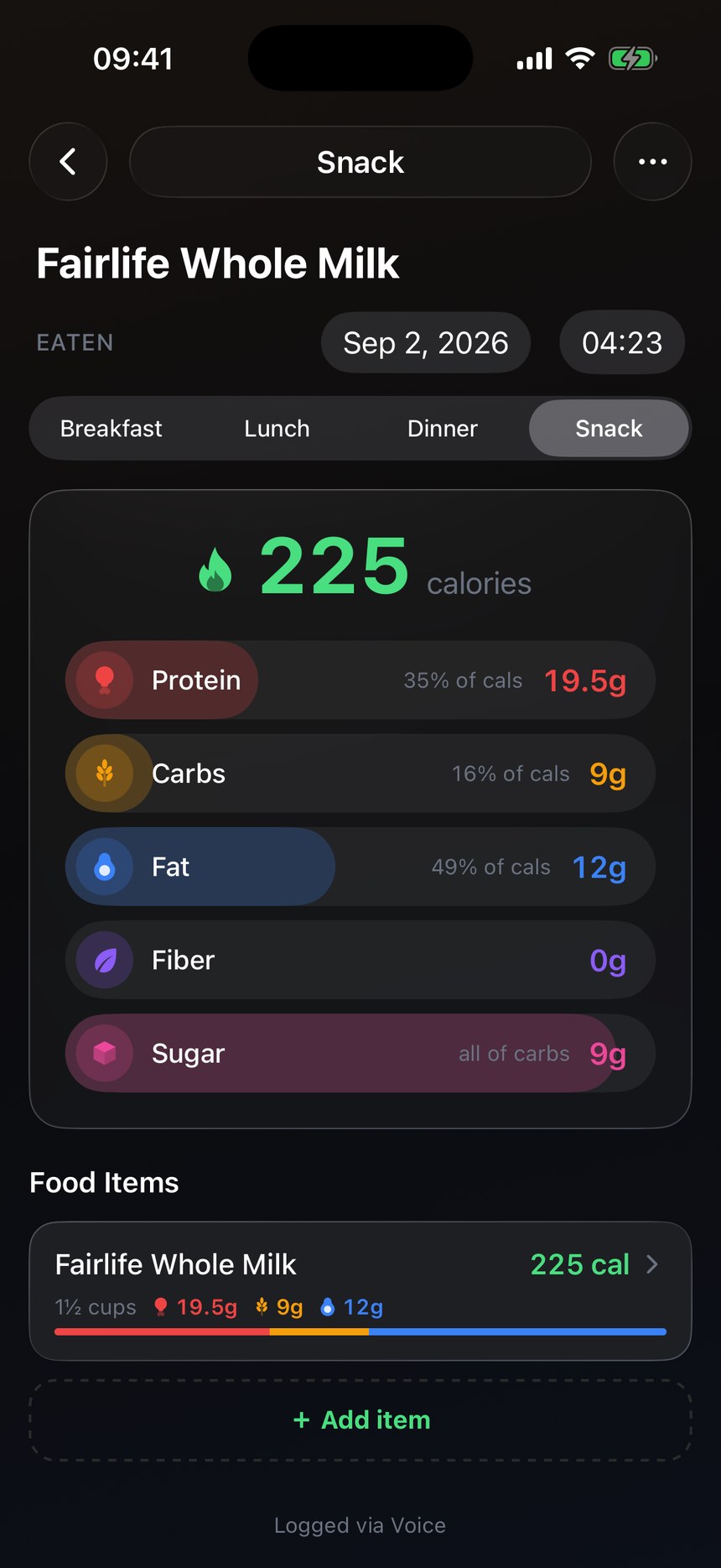 Meal detail after: flame icon beside the calorie count, then five capsule sliders for protein, carbs, fat, fiber and sugar, each with an icon and a tinted fill