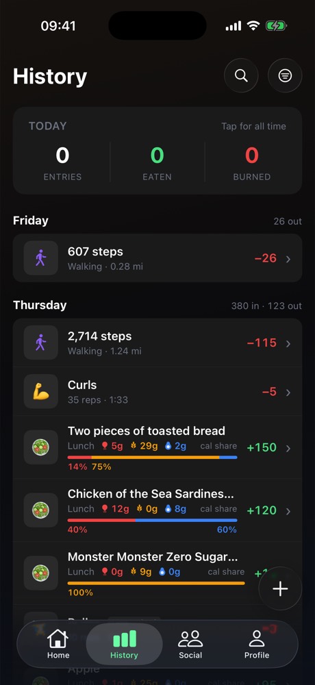 Fitnit history: a Today summary card, then rows for steps, a Curls workout, and four logged meals with macro bars.