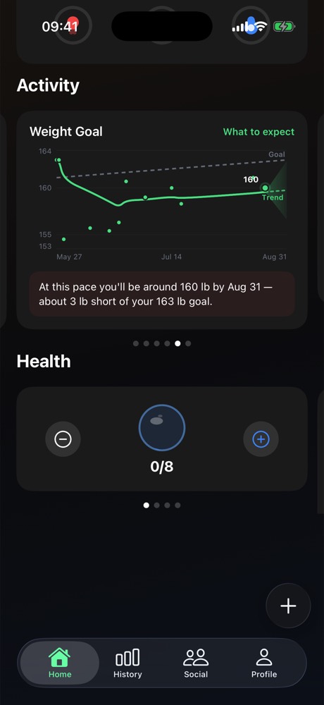Scrolled further: the Activity carousel with six page dots, a Health carousel with four page dots, and a large empty gap below.
