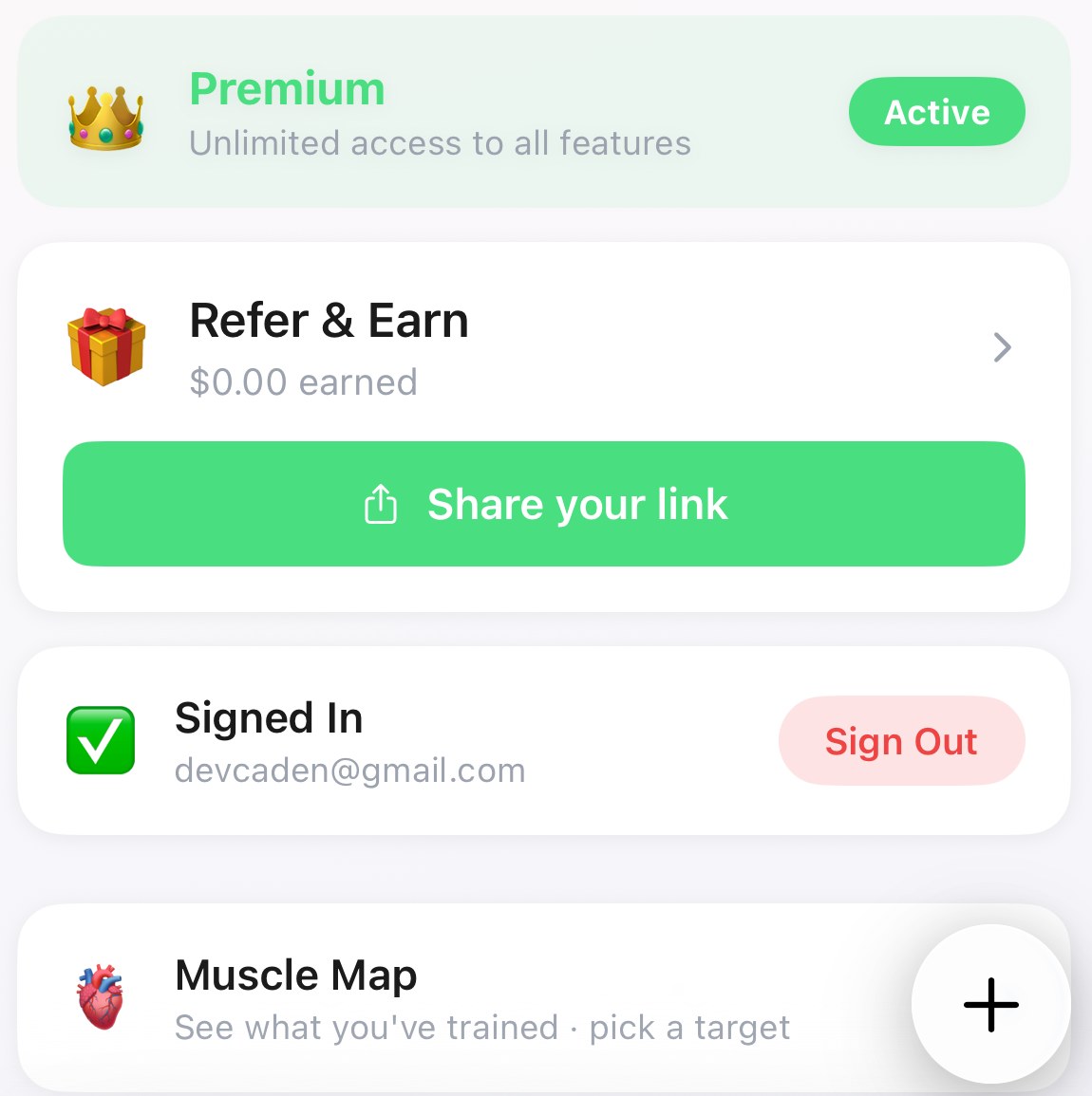 Profile cards before: uneven gaps between Premium, Refer and Earn, Signed In and Muscle Map