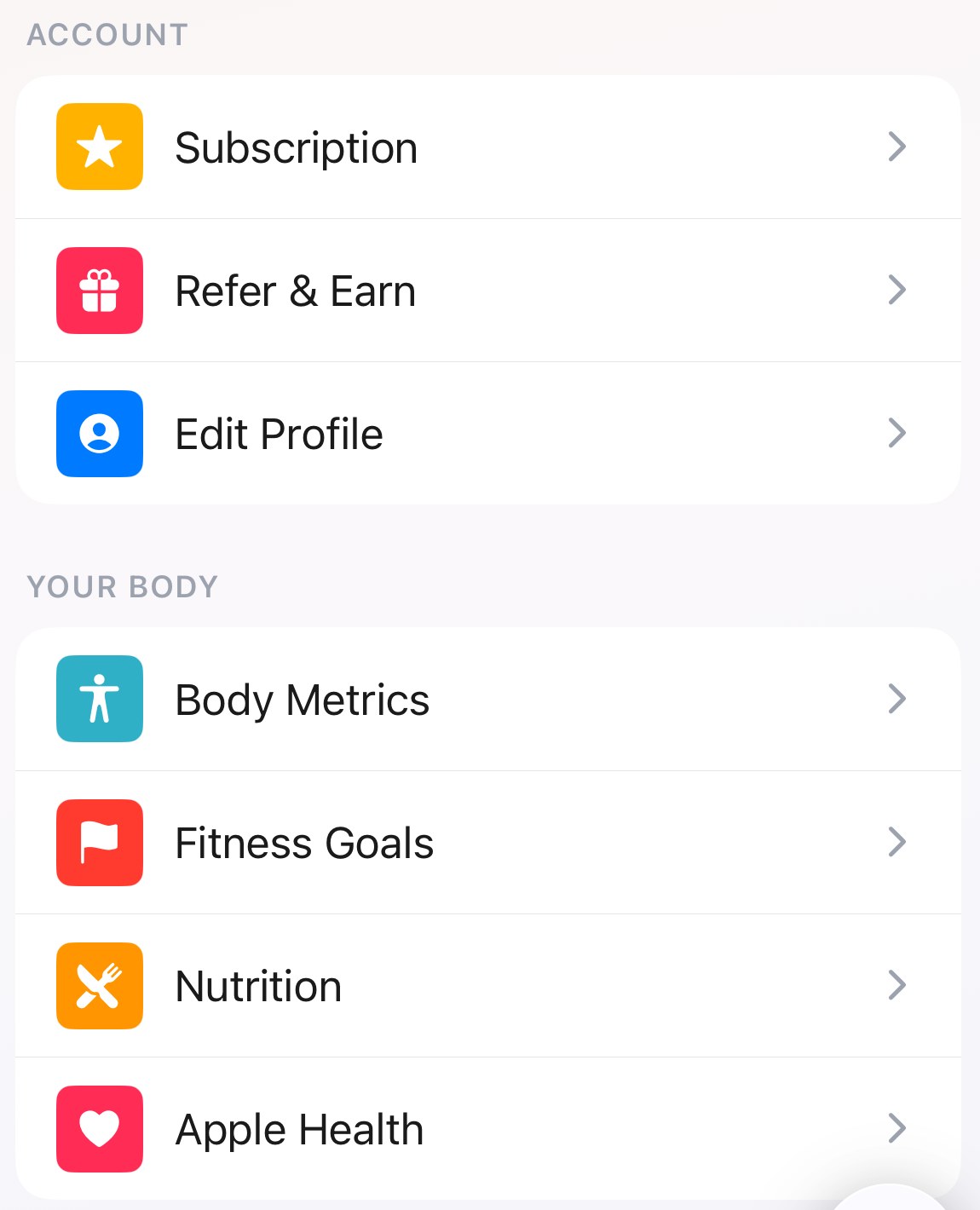 The shipped settings list with 56pt rows