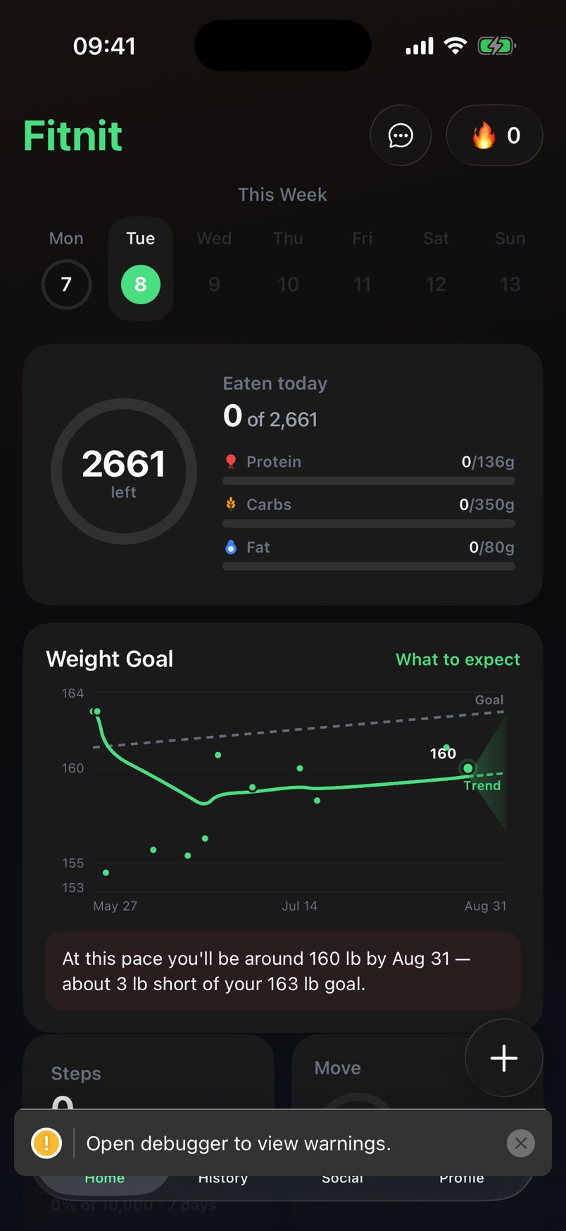 The Fitnit home screen: calorie ring, macro bars, weight chart, tiles.